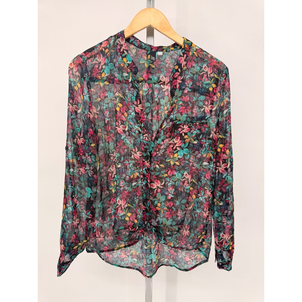KUT‎ from the Kloth Floral Tie Front Sheer Button Down Blouse Roll Tab Sleeve M
